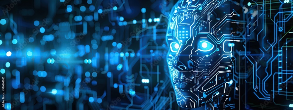 3D digital artificial intelligence head inside computer server concept 3D digital artificial intelligence head inside computer server concept