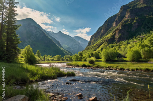 Serene mountain landscape with a flowing river, lush greenery, and a clear blue sky. photo