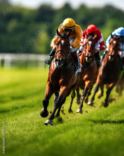 A breathtaking moment captured in horse racing, showcasing a thrilling competition as jockeys urge their horses forward, highlighting the intense energy and speed of the sport.