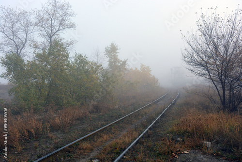 A dense white fog enveloped the autumn nature, trees, bushes and yellow-brown grass. Sand paths along the railway, metal railroad runs.