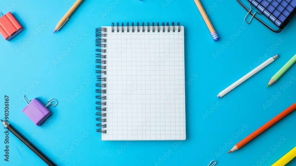 A blank notepad sits on a blue background, surrounded by school supplies like pencils and pens. It's a simple scene, perfect for showing off your back-to-school products or ideas. A blank notepad sits on a blue background, surrounded by school supplies like pencils and pens. It's a simple scene, perfect for showing off your back-to-school products or ideas.