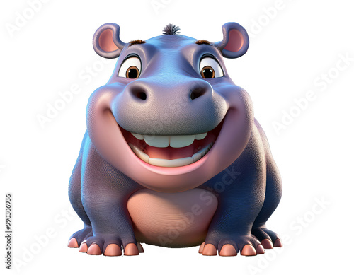 3D cartoon image of a fat hippopotamus on a white background, Generative AI