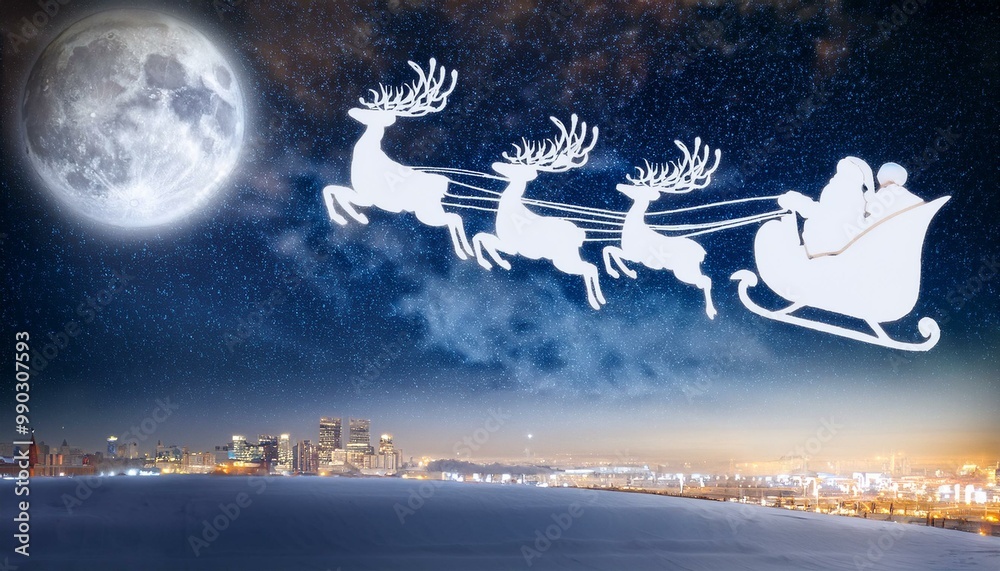Naklejka premium Santa Claus flying in a sleigh across a starry night sky, pulled by a team of reindeer, with twinkling city lights below, creating a magical and festive holiday scene.