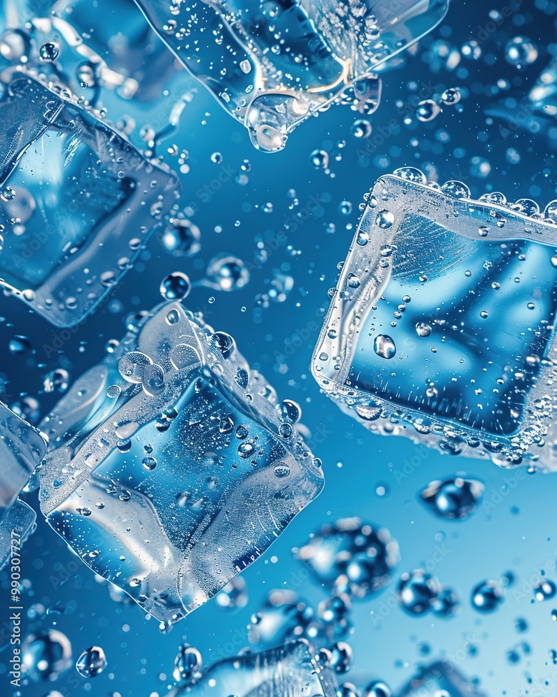 Ice cubes melting with water drops on blue background. Close-up. Ice cubes melting with water drops on blue background. Close-up.