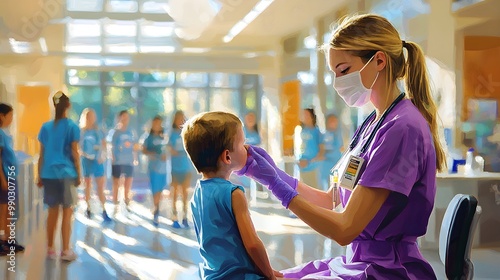 Nurse administering a vaccine in a school gym, children seated at a distance in a line, pastel colors, soft lighting, minimalist illustration, focus on safety photo