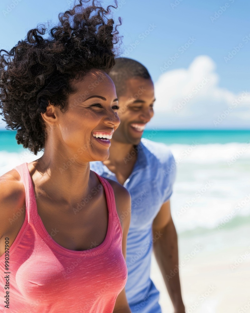 A couple smiles and walks along the beach. AI. A couple smiles and walks along the beach. AI.