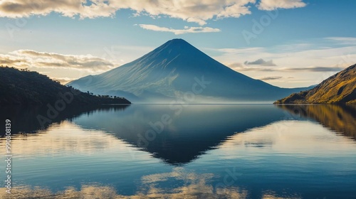 Volcanic mountain in morning light reflected in the calm waters of the lake which is very stunning