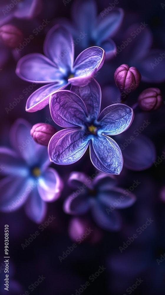 Delicate purple flowers bloom amidst a cluster of tightly closed buds, gently illuminated by soft light, creating a serene atmosphere Delicate purple flowers bloom amidst a cluster of tightly closed buds, gently illuminated by soft light, creating a serene atmosphere
