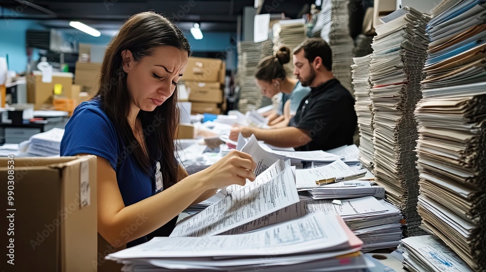 Woman Sorting Through a Stack of Paper Documents in a Busy Office Woman Sorting Through a Stack of Paper Documents in a Busy Office