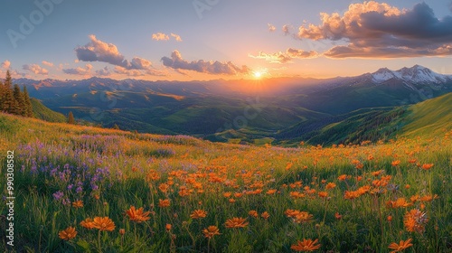 A breathtaking sunset over a field of wildflowers in the mountains.