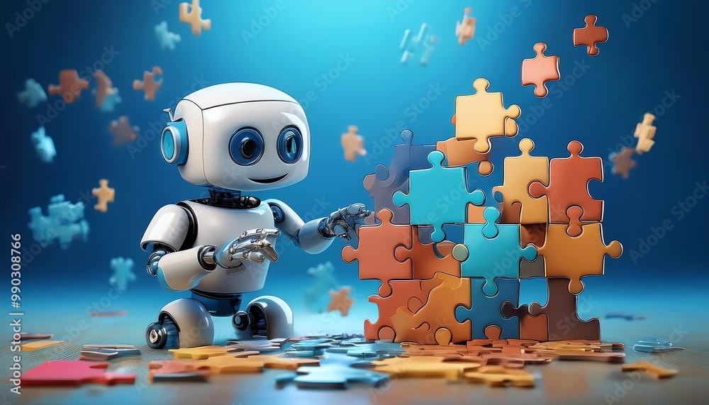 A cute robot assembling colorful puzzle pieces in a vibrant, blue-hued environment. A cute robot assembling colorful puzzle pieces in a vibrant, blue-hued environment.