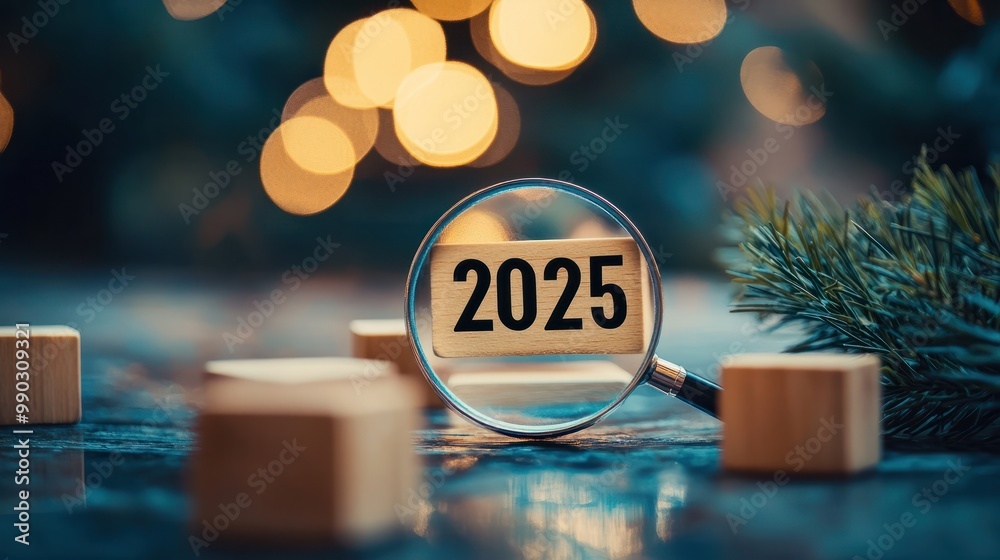 New Year's Goal Plan 2025 with target icons. Magnifying glass with text ...