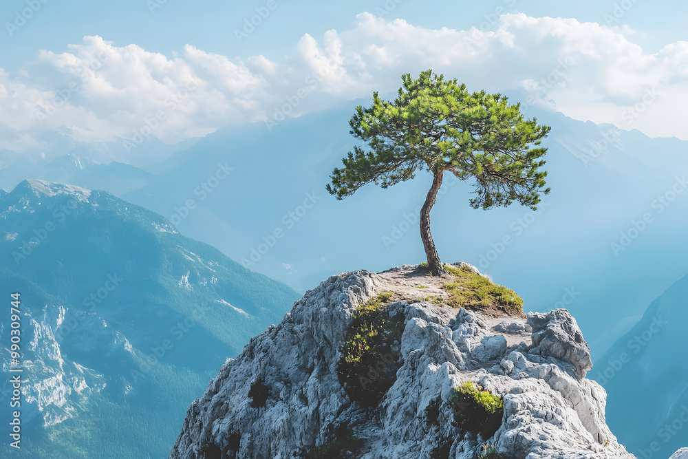 A lonely pine tree stands atop a rocky mountain, surrounded by green hills and a bright blue sky filled with fluffy clouds, creating a serene nature landscape A lonely pine tree stands atop a rocky mountain, surrounded by green hills and a bright blue sky filled with fluffy clouds, creating a serene nature landscape