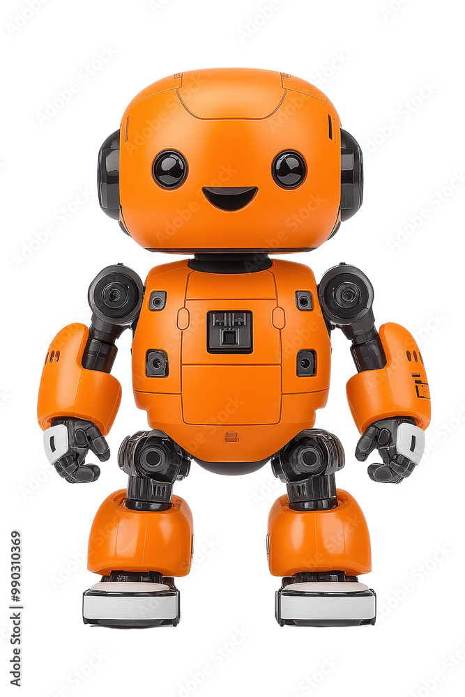 A cheerful orange robot with a friendly smile, showcasing innovative design and advanced technology in a playful manner. A cheerful orange robot with a friendly smile, showcasing innovative design and advanced technology in a playful manner.