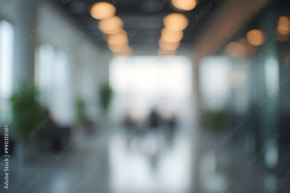 Fototapeta premium Blurred empty open space office. Abstract light bokeh at office interior background for design.