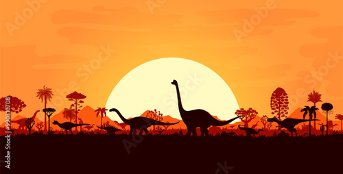 Sunset landscape with giant prehistoric dinosaurs silhouettes. Vector breathtaking scene captures the majestic presence of ancient creatures amidst a dusk backdrop with a large sun in Jurassic world