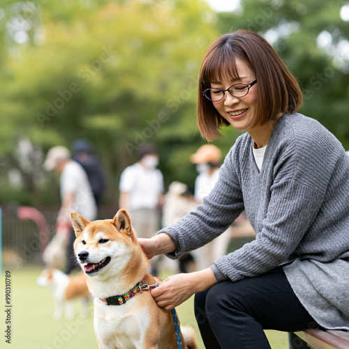 柴犬と遊ぶ女性