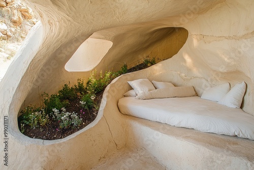 Cozy indoor garden with sunken seating area and skylights