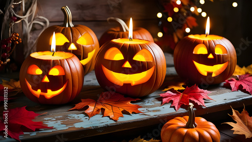 a row of pumpkins with a candle in the middle. photo