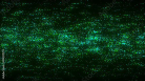 Flow of green shimmering particles. Glowing dynamic halftone sound wave. Vector Illustration.
