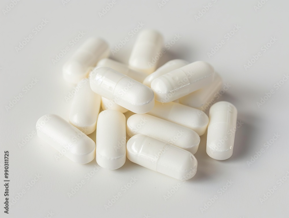 Capsules of white color on a white background close-up. Healthcare Capsules of white color on a white background close-up. Healthcare
