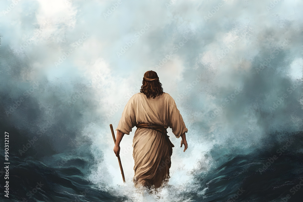 Obraz premium Jesus miraculously walks on water across the sea