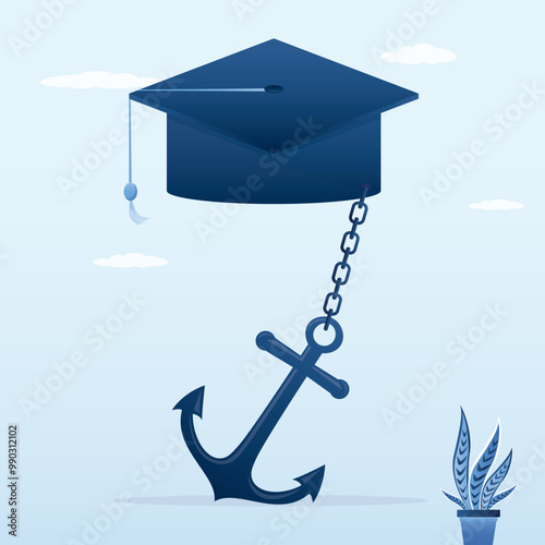 Burden of educational costs that hinders career success. Graduation cap chained to giant anchor. Student loan debt, expensive cost for education.