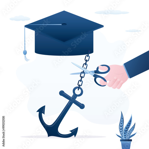 Burden of educational costs that hinders career success. Graduation cap chained to giant anchor. Student loan debt repayment, hand uses scissors and cuts chain, scholarship
