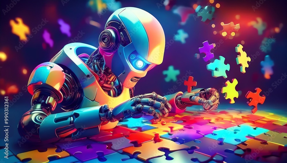 Fototapeta premium A colorful, futuristic robot solving a vibrant puzzle with scattered pieces, showcasing the intersection of technology and creativity.