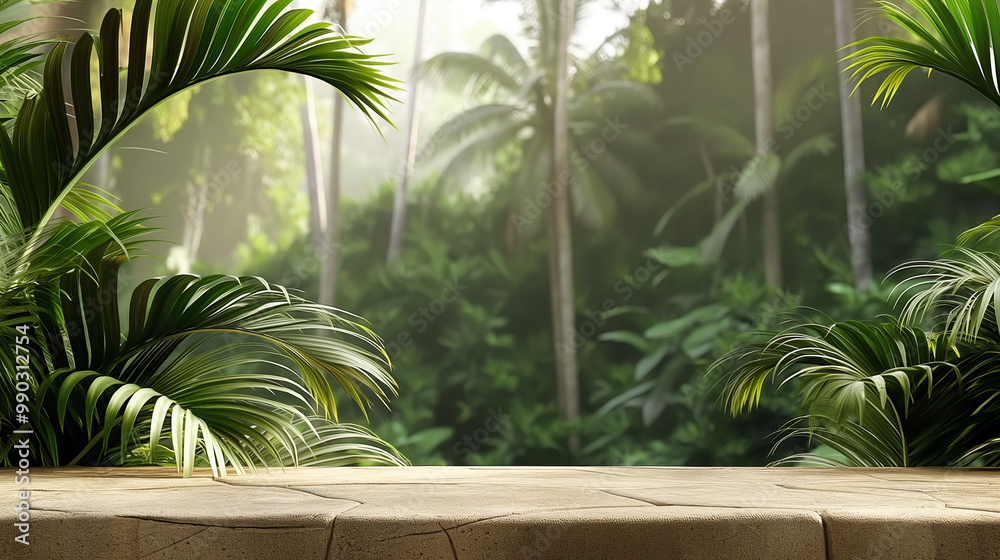 Fototapeta premium Tabletop on jungle background for product presentation. Beige concrete countertop in forest with palm trees. Outdoor mockup for cosmetics design