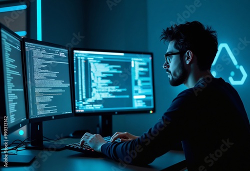a man in glasses is sitting at a computer with two monitors Cybersecurity background