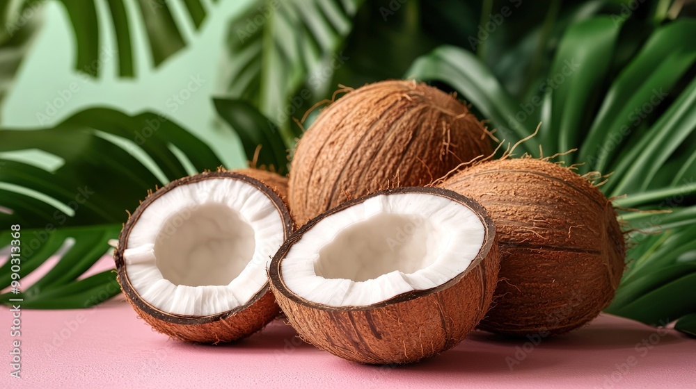 Close-up of whole and halved coconuts on a pink background with tropical leaves. Close-up of whole and halved coconuts on a pink background with tropical leaves.
