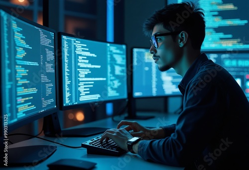 a man in glasses is working on a computer Cybersecurity background