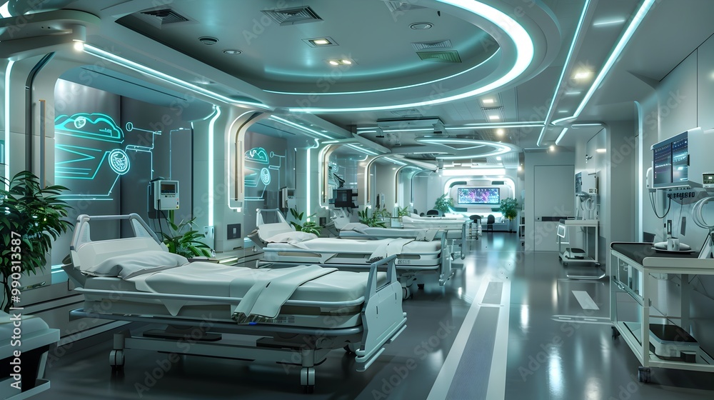 Obraz premium Futuristic Hospital Ward with Personalized Rooms Adjusting to Patient Health Needs Innovative Medical Concept