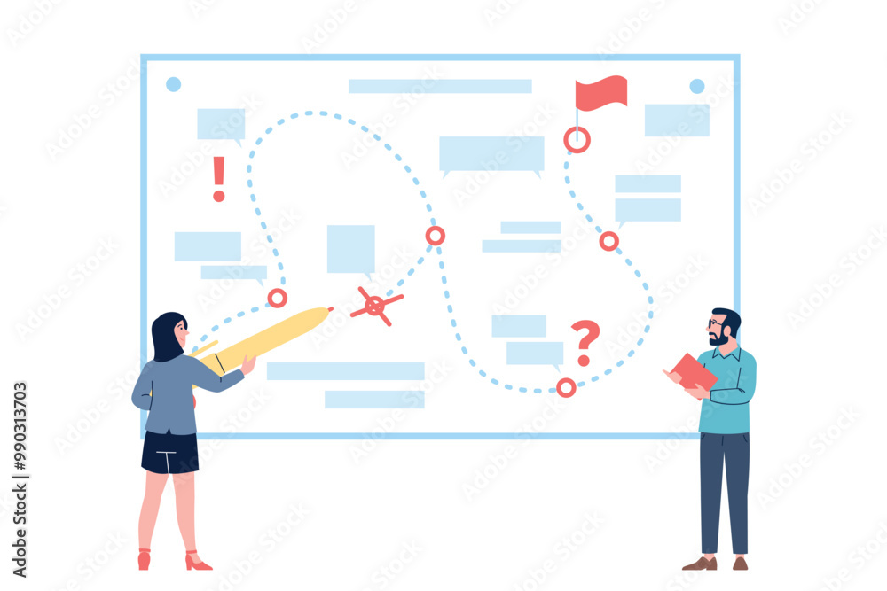 Colleagues planning working process. Business brainstorming and discipline, completing tasks step by step to achieve goal. Teamwork vector scene Colleagues planning working process. Business brainstorming and discipline, completing tasks step by step to achieve goal. Teamwork vector scene