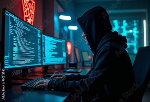 a person in a hoodie is sitting at a computer Cybersecurity background