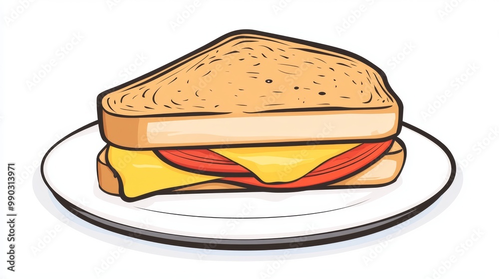 A grilled cheese sandwich with a slice of tomato on a plain white plate. A grilled cheese sandwich with a slice of tomato on a plain white plate.