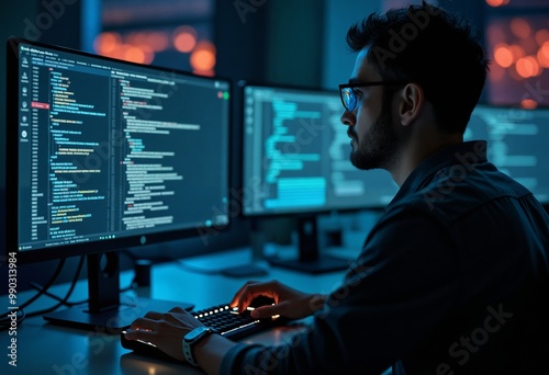a man is working on a computer with two monitors Cybersecurity background
