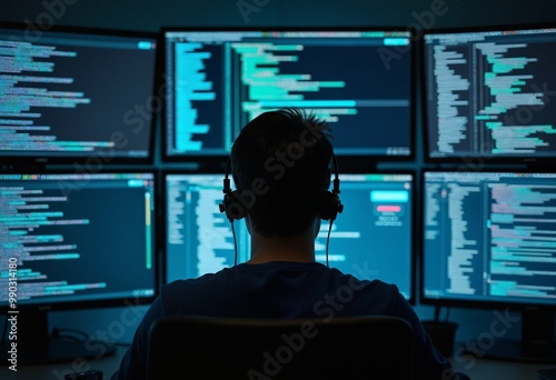 a person sitting in front of three computer screens Cybersecurity background