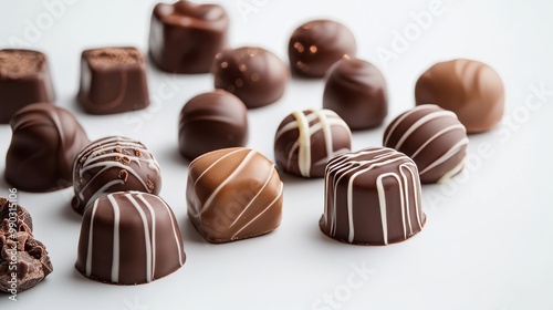 A group of chocolate candies on a plain white surface.