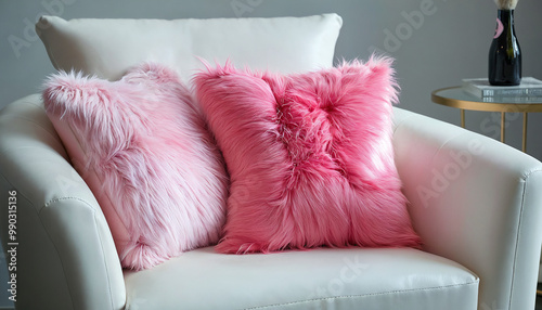 comfortable armchair woth fluffy pink pillow photo