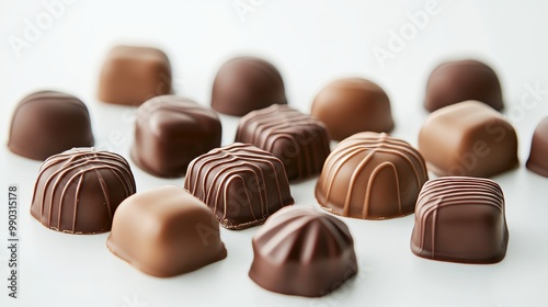 A group of chocolate candies on a plain white surface.