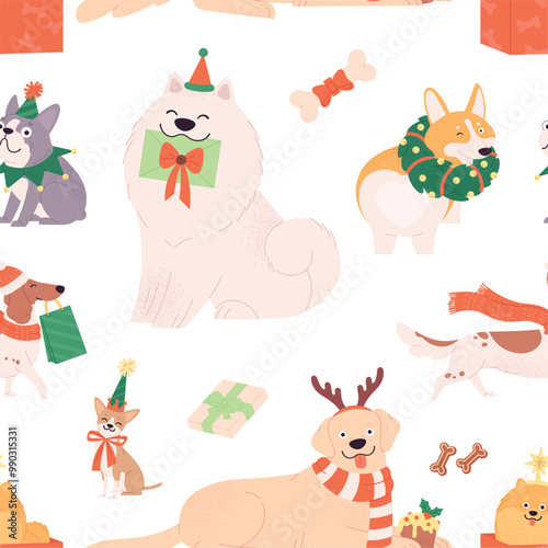 Cute dogs seamless pattern. Christmas puppy wear santa hat, scarf and sweater. Wearing dog and puppies, winter holiday vector background design