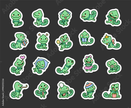 Kawaii cartoon chameleon. Sticker Bookmark. Funny animal character. Hand drawn style. Vector drawing. Collection of design elements.