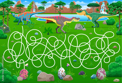 Labyrinth maze game, help to prehistoric dinosaur mother find her own egg, vector worksheet. Kids game labyrinth maze with path for dinosaur mothers to find way to dino baby eggs in Jurassic park