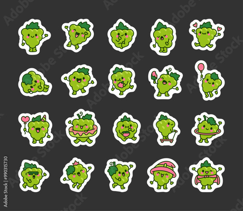 Cute kawaii bunch of grapes. Sticker Bookmark. Adorable food character. Hand drawn style. Vector drawing. Collection of design elements.