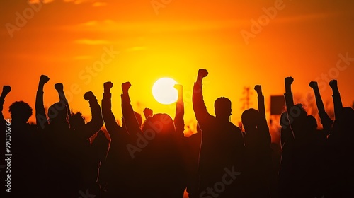 Silhouetted Crowd Raising Fists Against Sunset