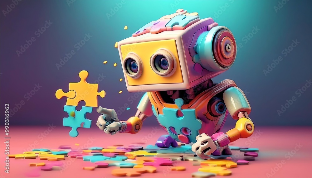 Fototapeta premium A colorful robot playfully assembles puzzle pieces on a vibrant surface, showcasing creativity and innovation in a whimsical setting.