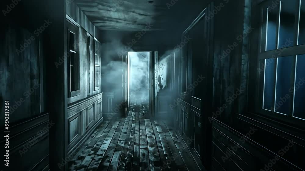A dimly lit hallway in an old house, the air thick with dust and a sense of foreboding