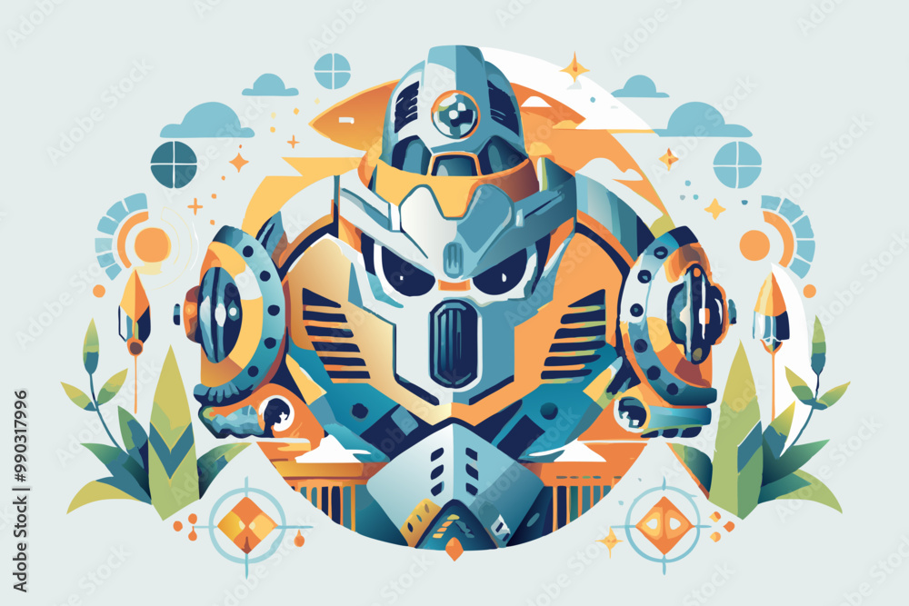 Fototapeta premium Futuristic Robot Warrior Illustration Amidst Abstract Cosmic Elements